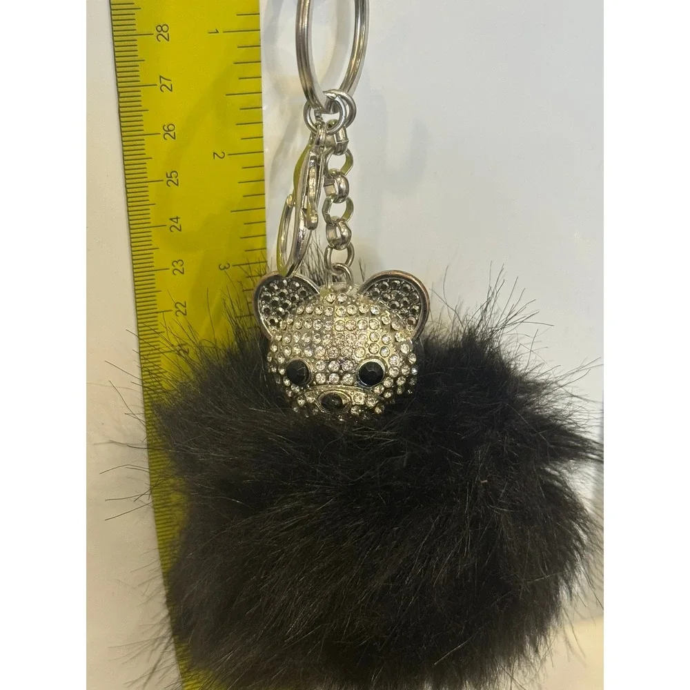 Black Faux Fur Pom Pom Bear Keychain Rhinestone Bag Charm Silver Tone Star Back